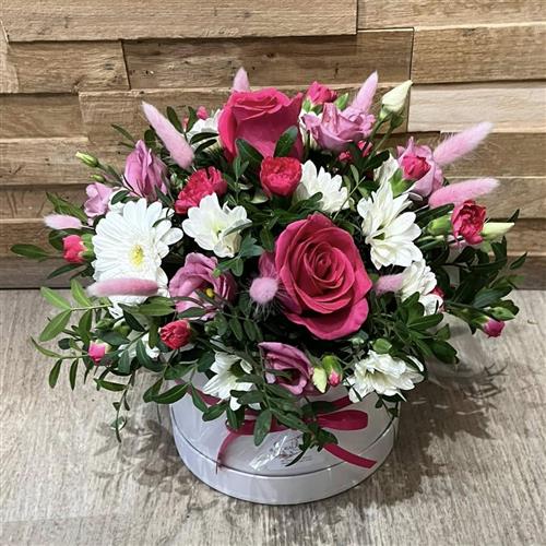 Pink and White Floral Hatbox Arrangement