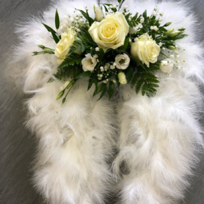 White feather angel wings - Made from feathers and a white rose corsage to comple