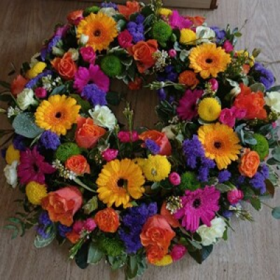 Bright Wreath ring - Germinis, roses, and a mix of vibrant flowers