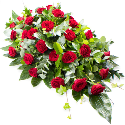 Single Ended Spray SYM-305 - This single ended spray is made using symbolic red roses for the perfect loving tribute. Same day delivery may not be possible on this design – please contact us to discuss your requirements.