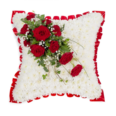 Pillow SYM-333 - Pillows are chosen to signify a final, comfortable resting place and this design with red rose spray is the ideal final tribute.
