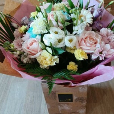 Summer hand-tied - Pink roses, white lizzianthus with gorgeous complimentary flowers put together to make a beautiful bouquet