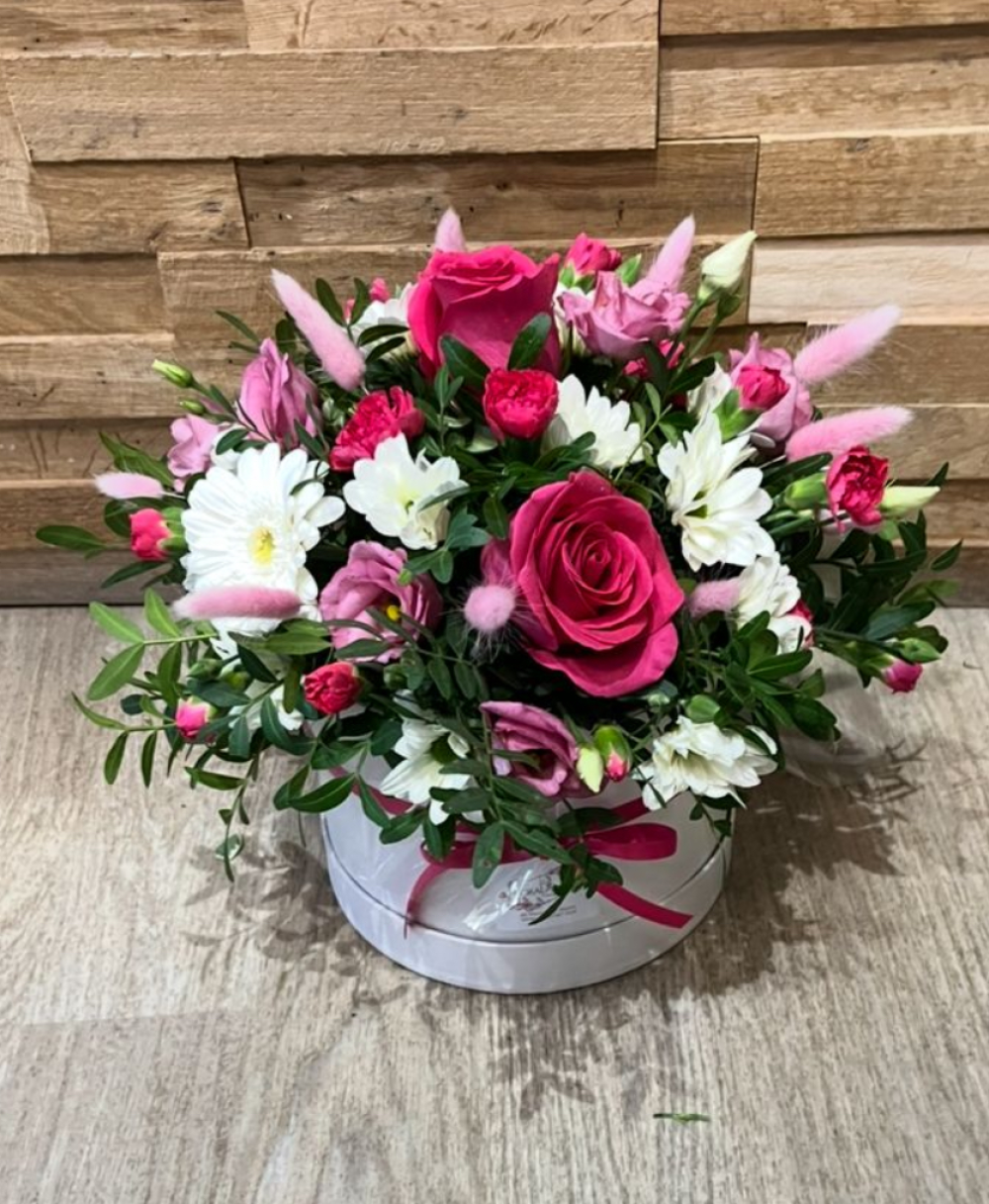 Pink and white floral hatbox arrangement